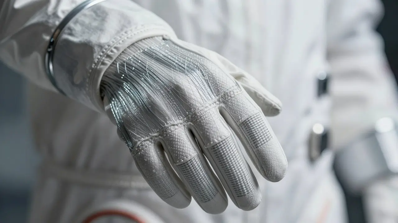 Close-up detail of the high-tech fabric and protective weave on a spacesuit glove