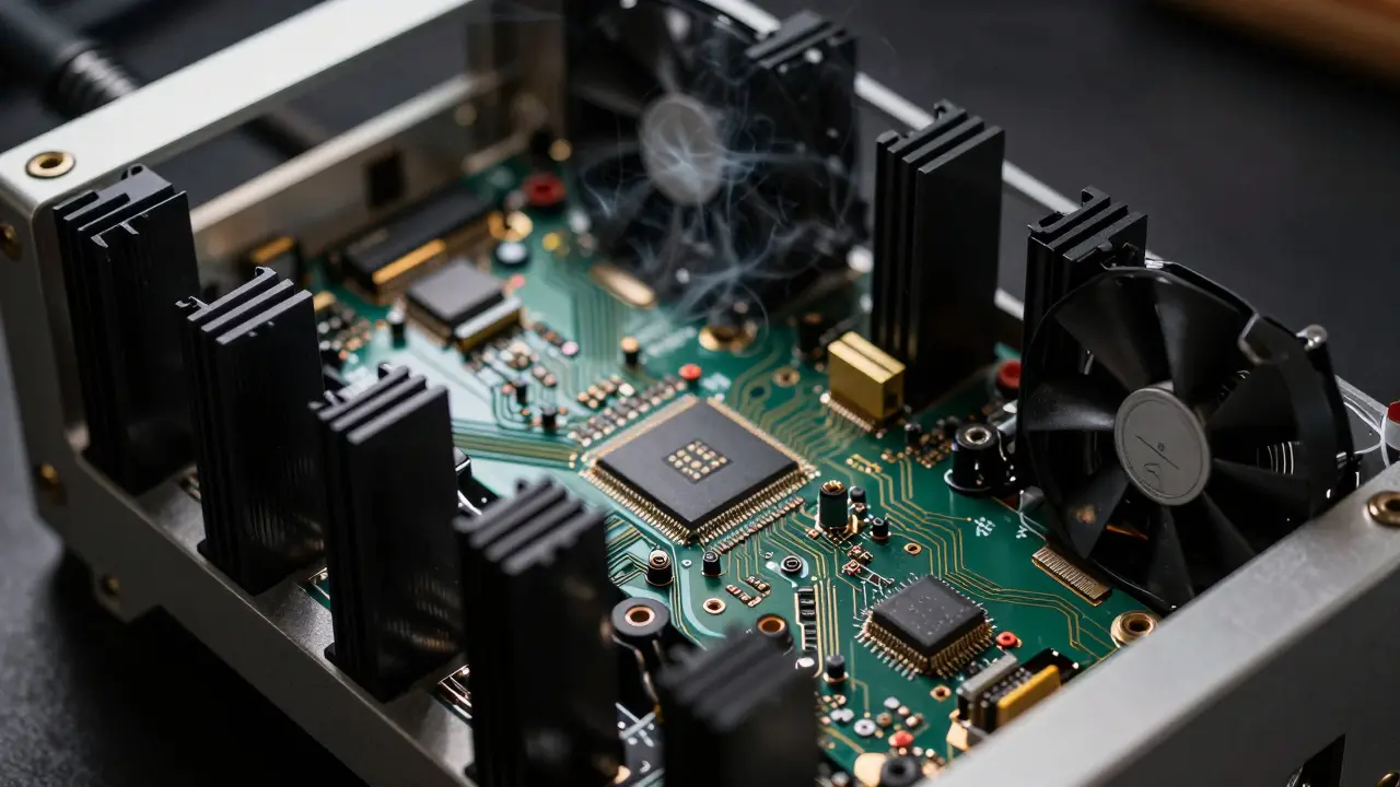 Close-up of an ASIC miner showing cooling fans and specialized silicon circuitry.