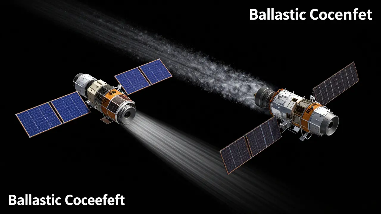 Comparison of two satellites showing high-drag and low-drag orientations in orbit.