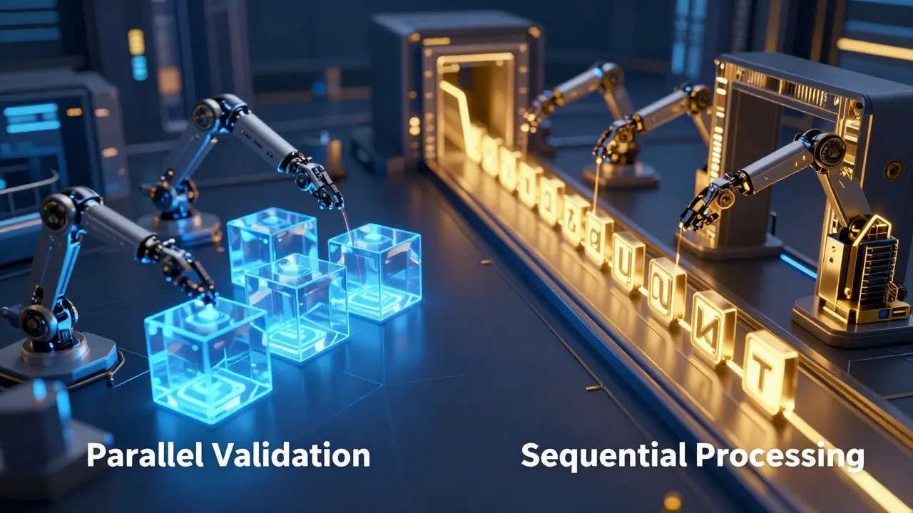Conceptual 3D render of parallel UTXO processing versus sequential account validation