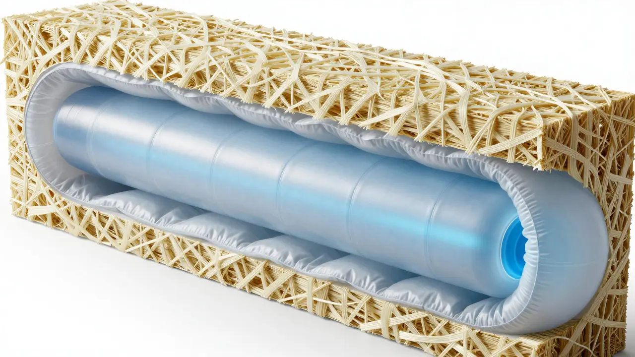 Cross-section of a space habitat wall showing the bladder, liner, and Vectran restraint layers.