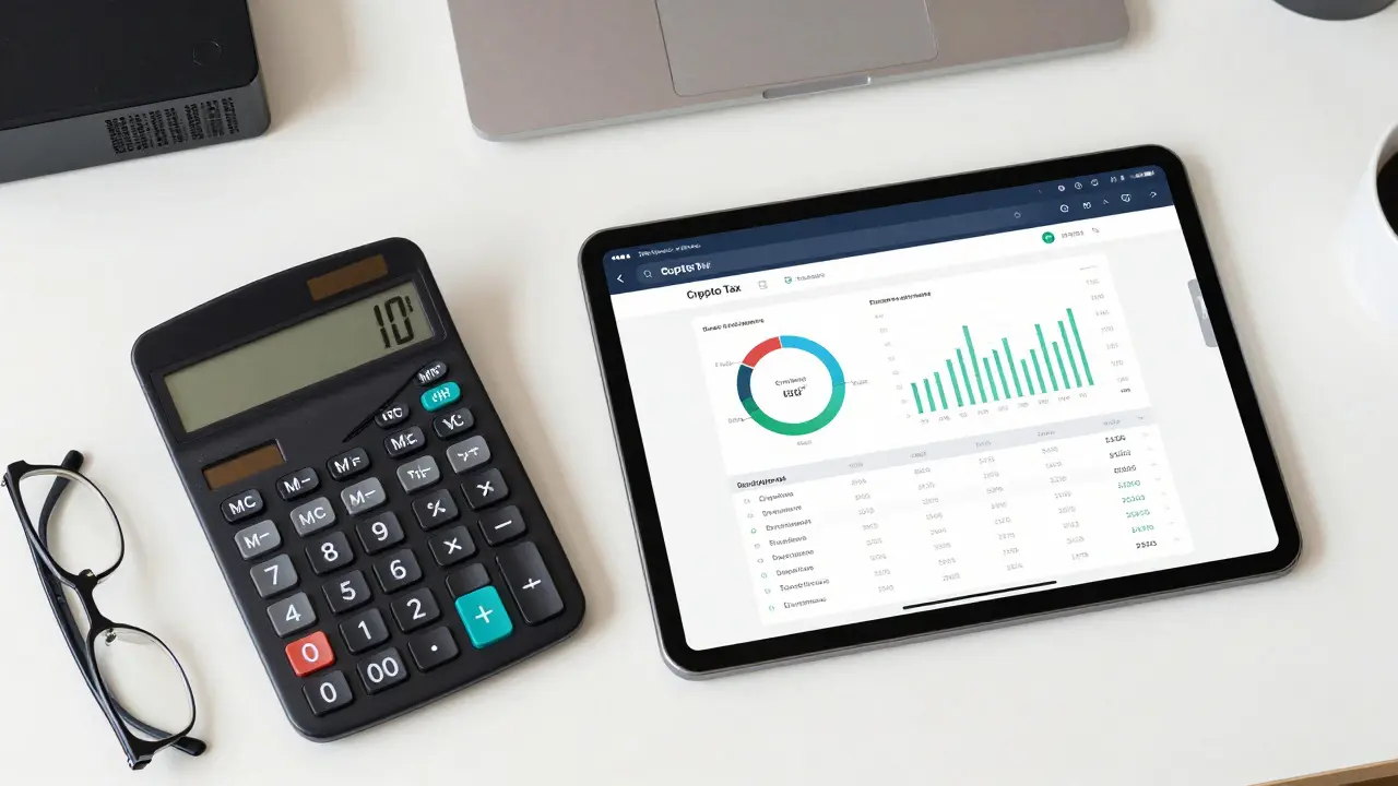 Desk with tax software on a tablet and a calculator for crypto tax filing