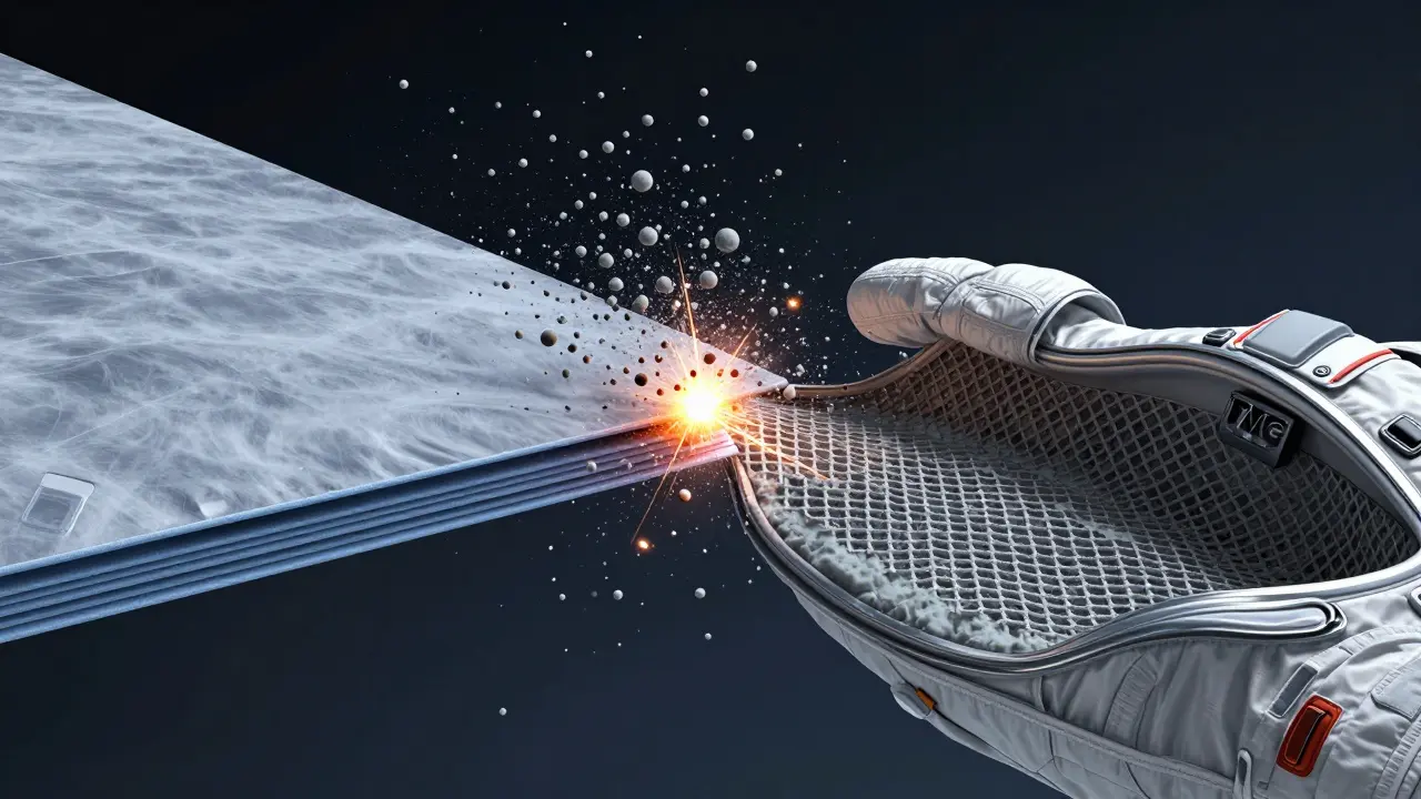 Diagram showing a micrometeoroid shattering against the multi-layer shield of a spacesuit