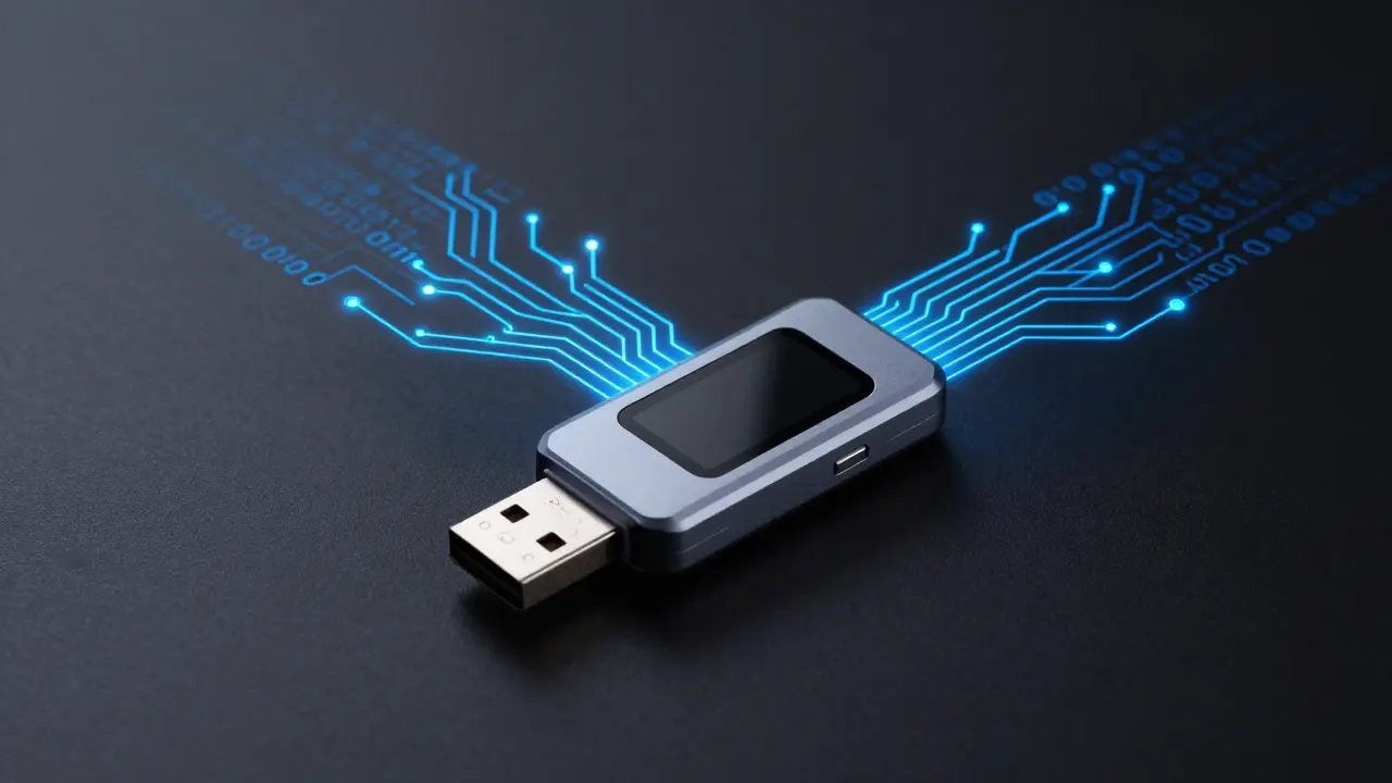 Hardware crypto wallet device surrounded by digital circuit patterns