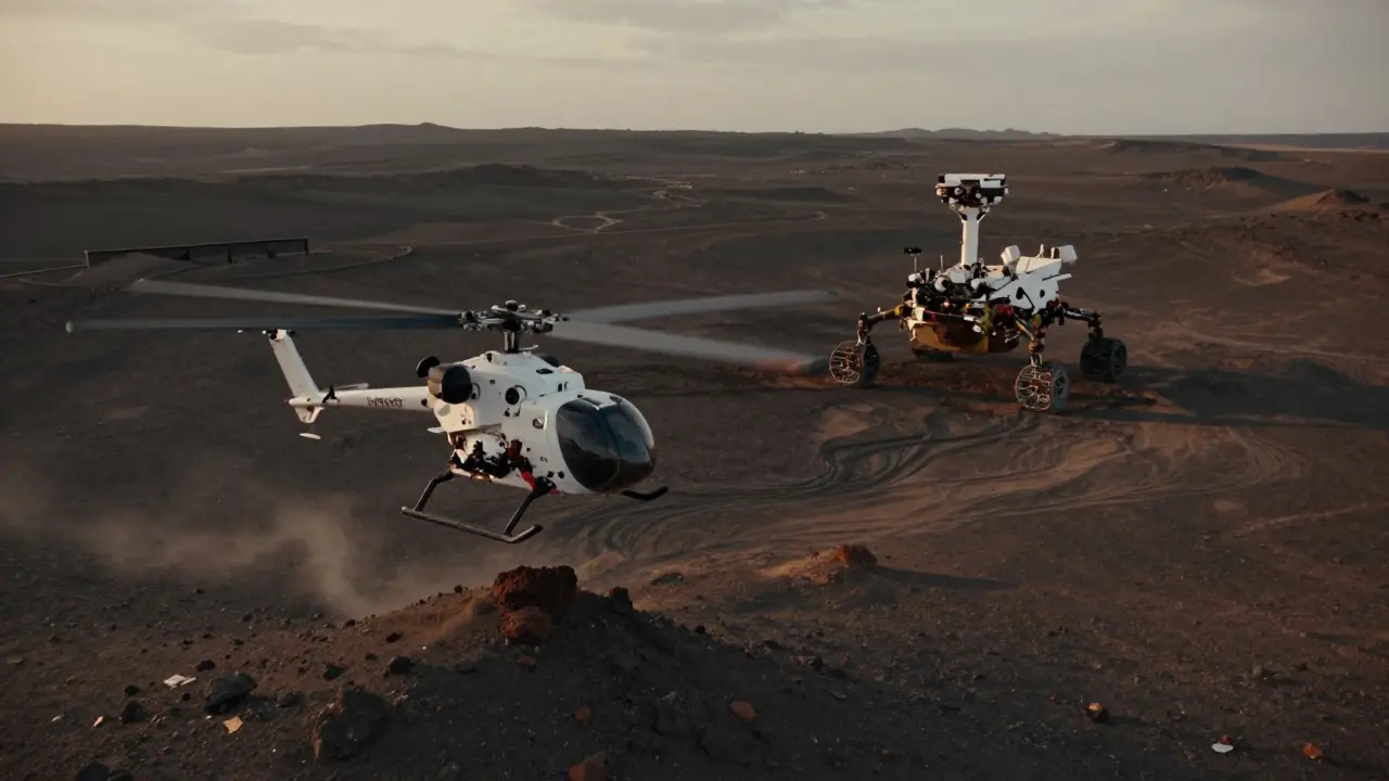 Ingenuity helicopter flying ahead of the Perseverance rover on Mars