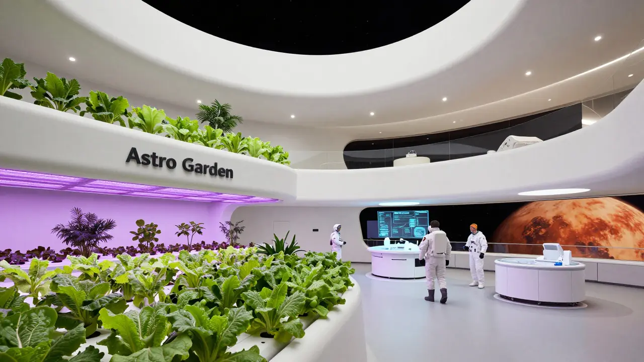 Interior of a three-story inflatable space station featuring a hydroponic garden and labs.