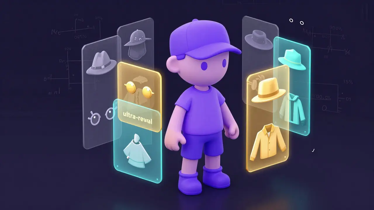 Isometric 3D view of an NFT character with floating trait layers and glowing gold rare attributes.