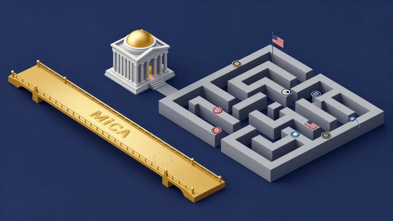 Isometric view of a simple golden bridge versus a complex stone maze representing EU and US laws.