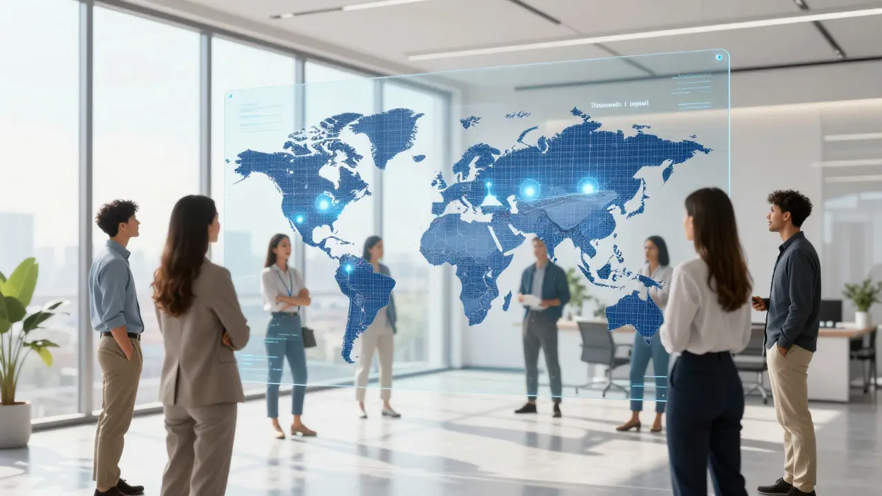 Professionals viewing a digital global map of tokenized infrastructure projects