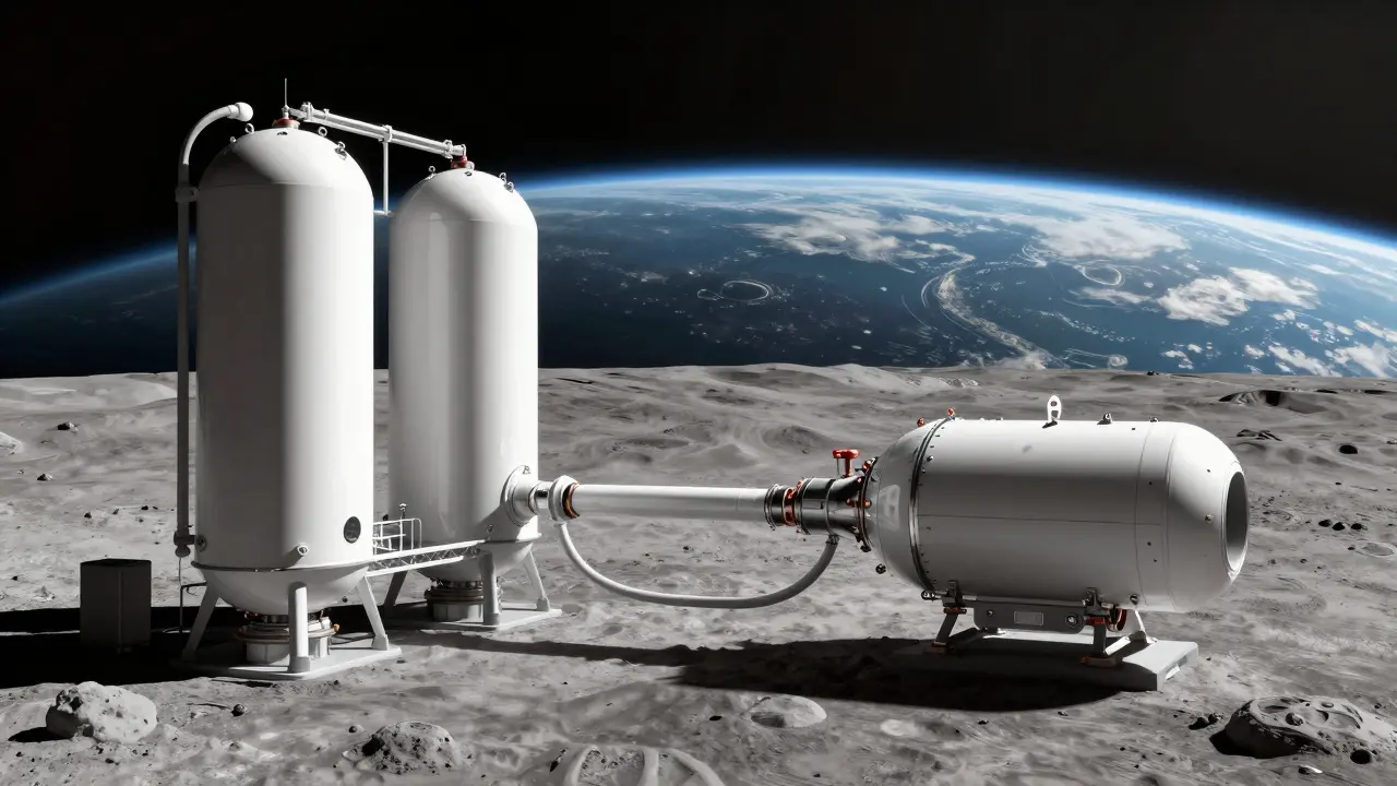 Spacecraft refueling at lunar orbit station near Earth horizon