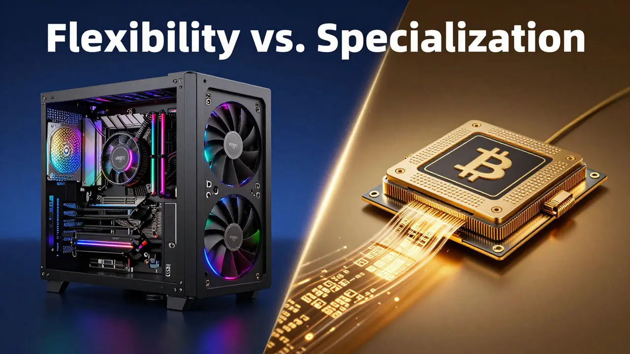 Split view comparing a colorful, flexible GPU rig with a powerful, specialized ASIC miner.
