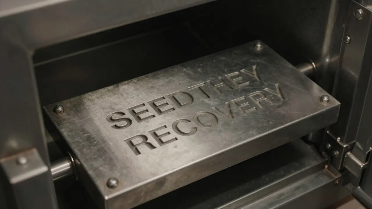 Steel seed phrase backup plate being stored in a fireproof safe