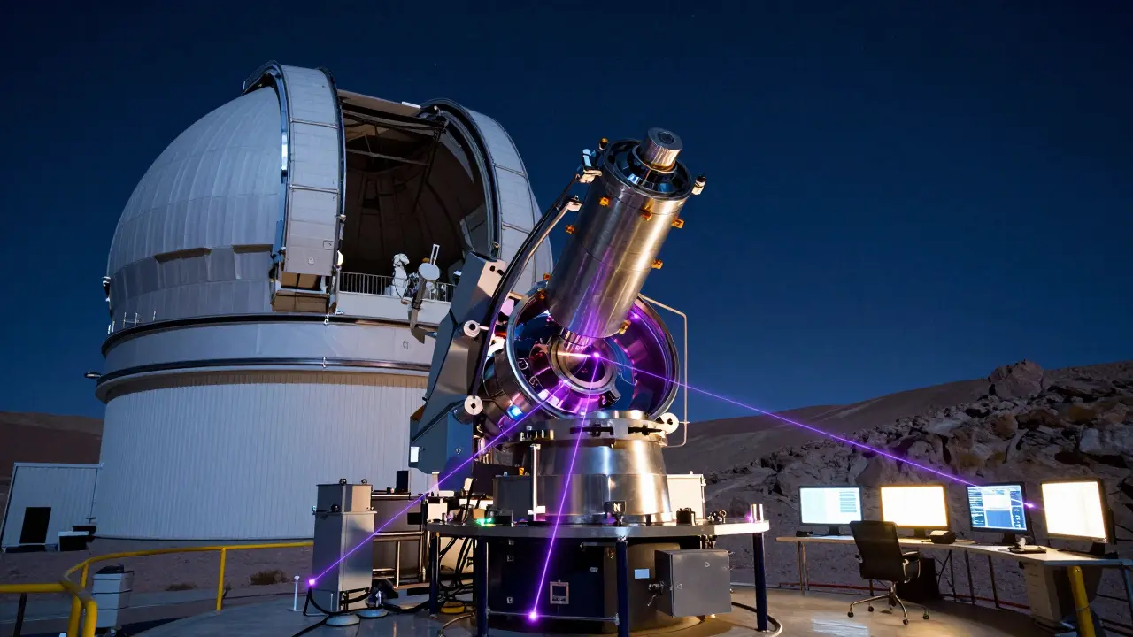 The advanced HARPS3 spectrograph instrument inside a modern observatory under a starry sky.