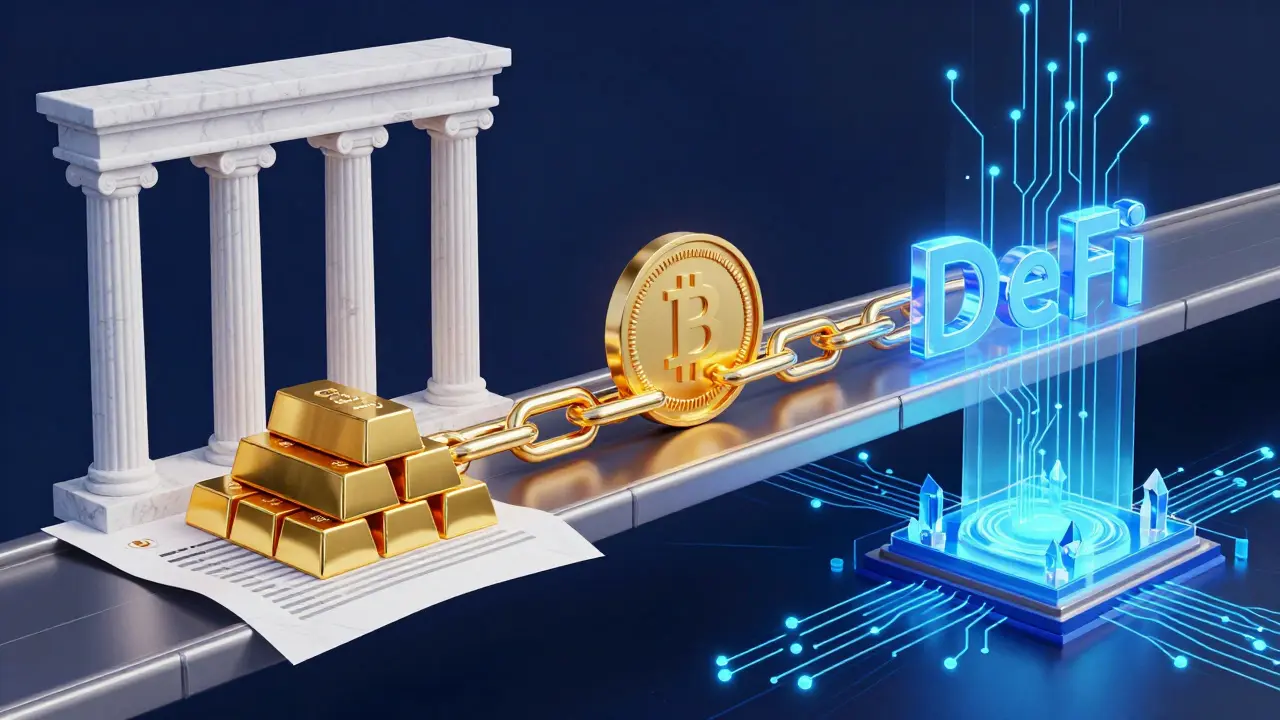 Visual bridge connecting physical gold and paper contracts to digital blockchain tokens