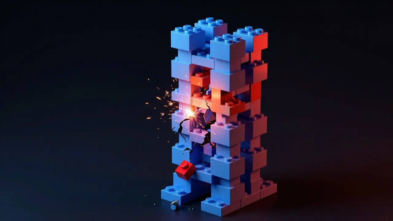 A tower of financial blocks collapsing due to a single cracked piece