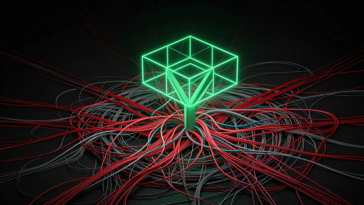 Abstract art of tangled wires transforming into clean Verkle Trees