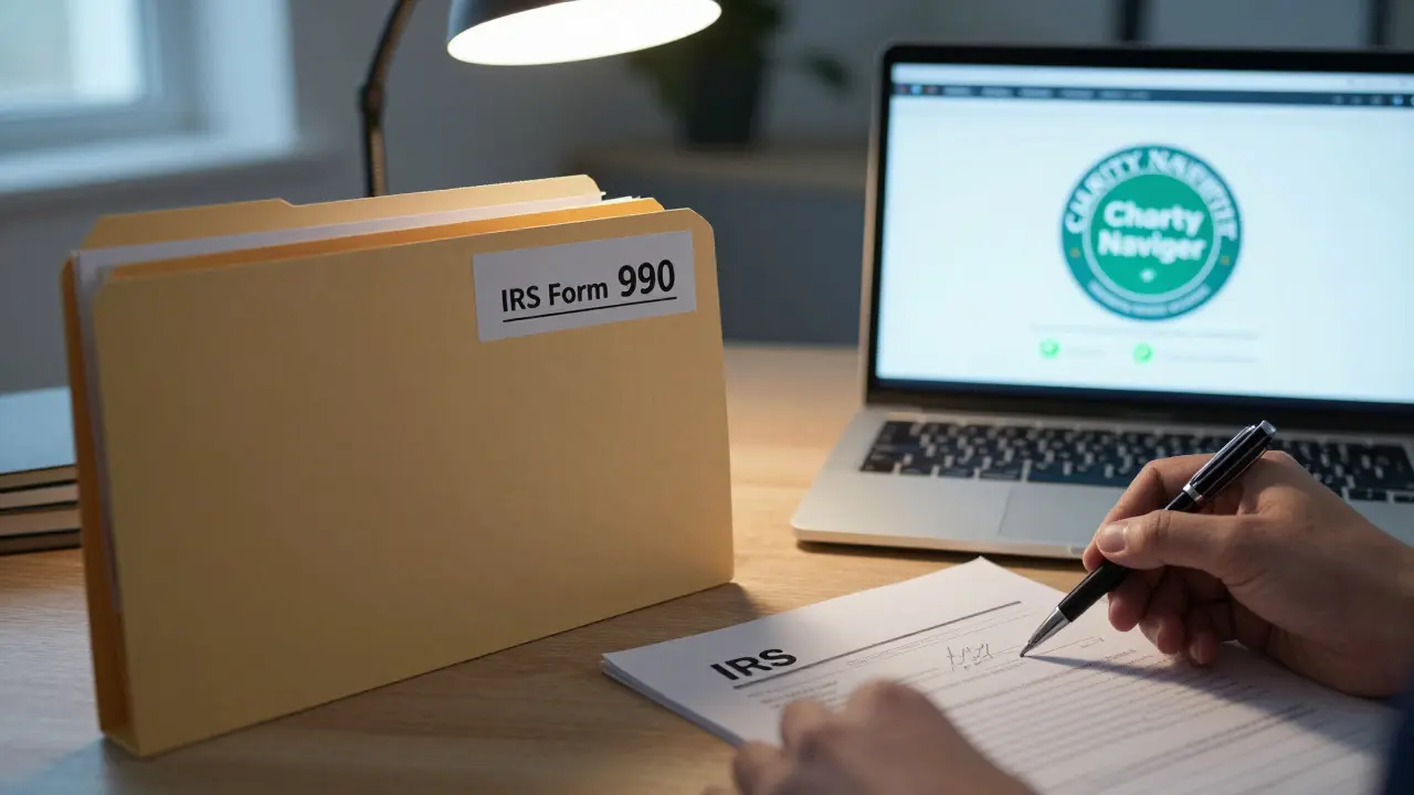 Auditor reviewing IRS Form 990 and Charity Navigator seal on a desk.