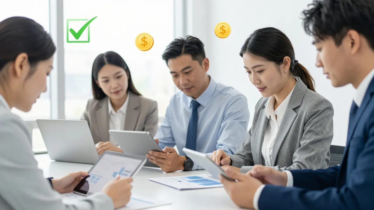 Business team enjoying simplified accounting with stablecoin gas payments