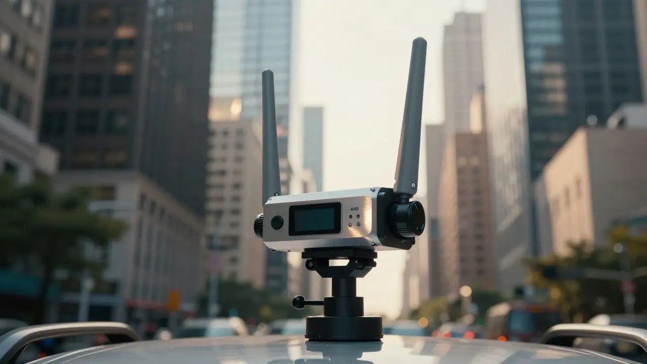 Close-up of dual-antenna GNSS rover hardware against a blurred city skyline background.