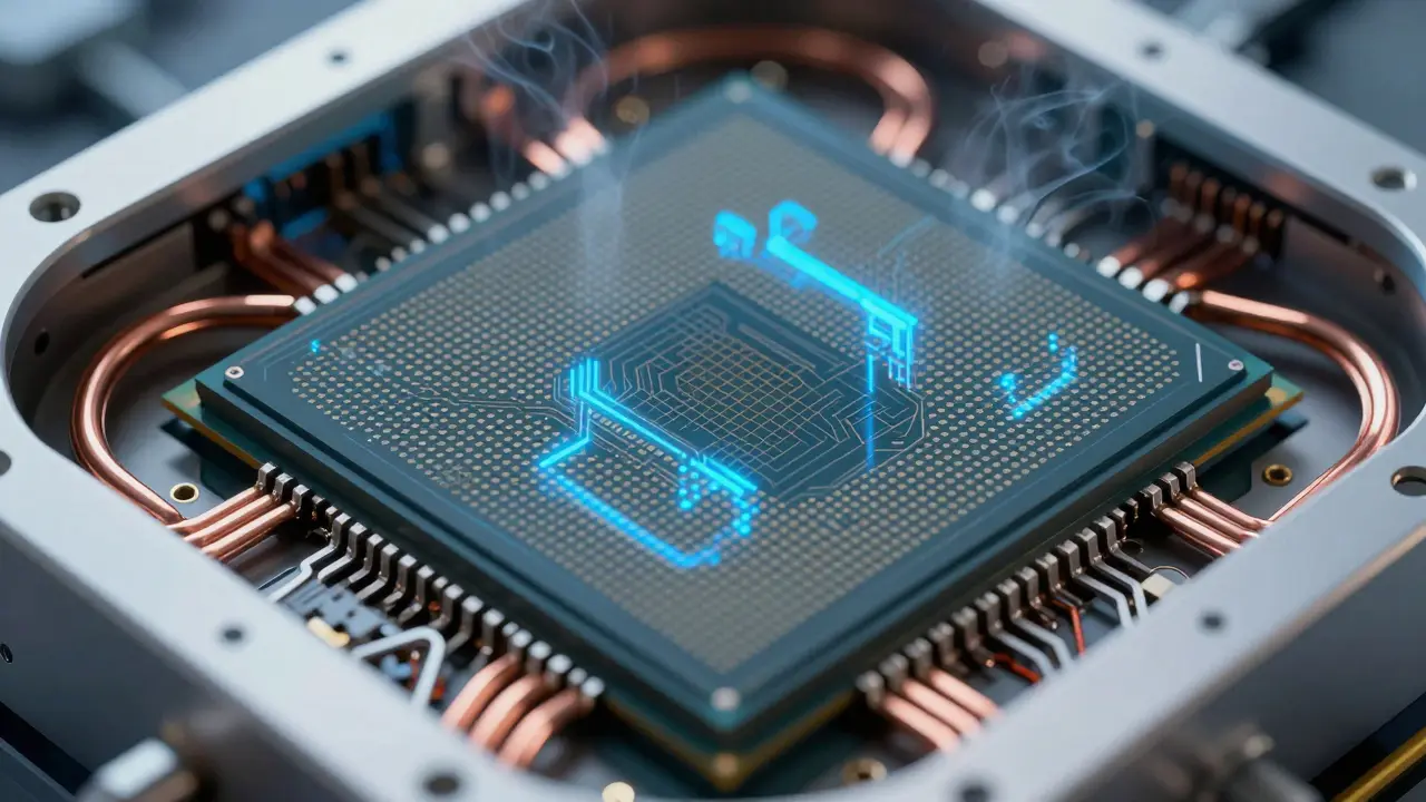 Close-up of infrared detector chip with cryogenic cooling systems