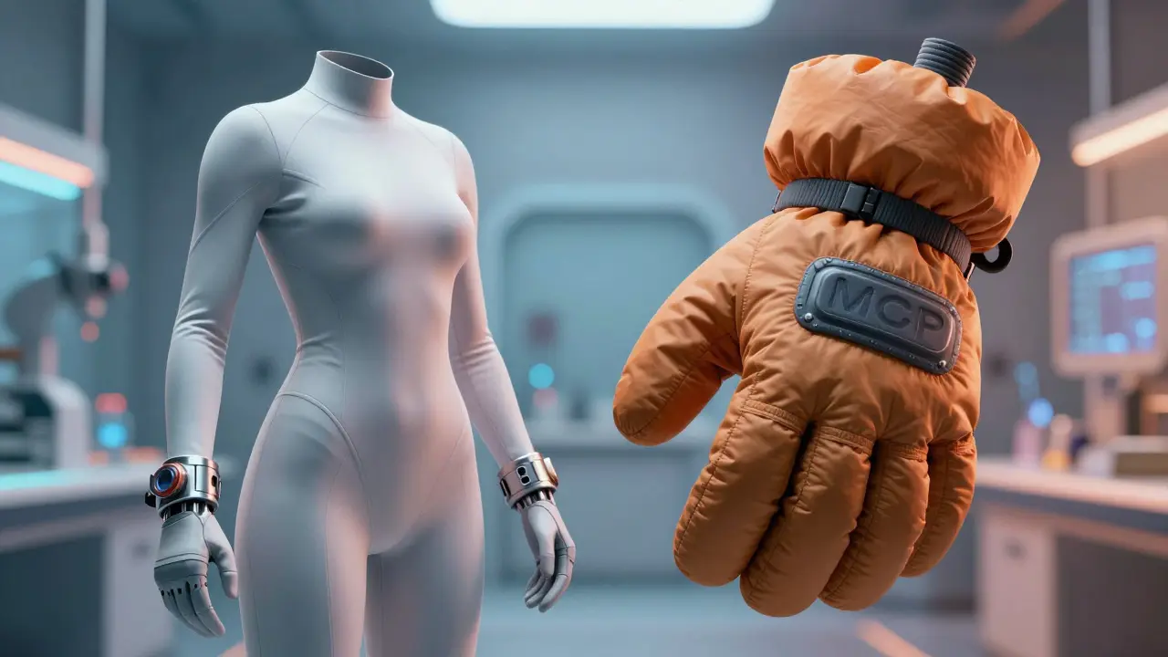 Comparison of a flexible MCP glove versus a bulky traditional spacesuit glove.