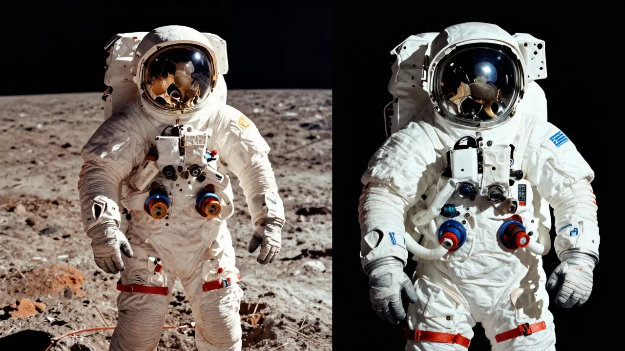 Comparison of vintage Apollo and modern ISS spacesuit backpacks