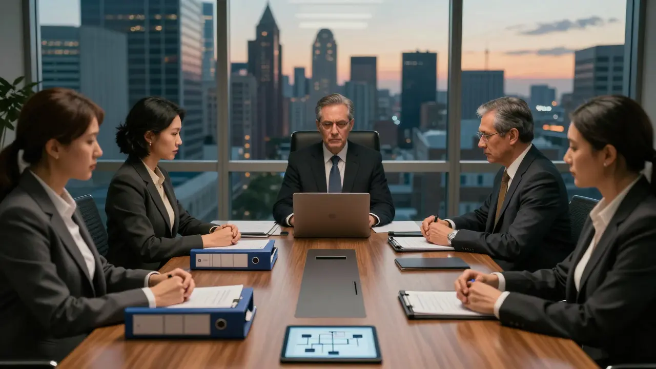 Corporate team reviewing compliance documents in office