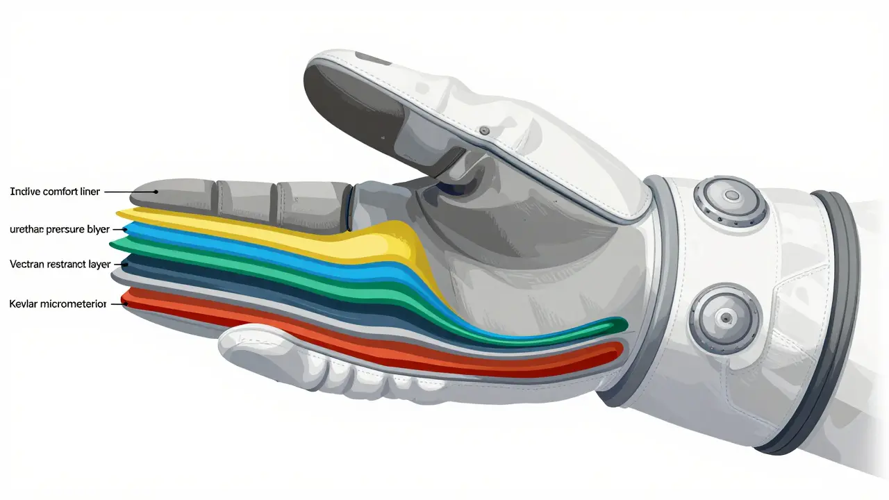 Cross-section diagram showing the multiple protective layers of a spacesuit glove.