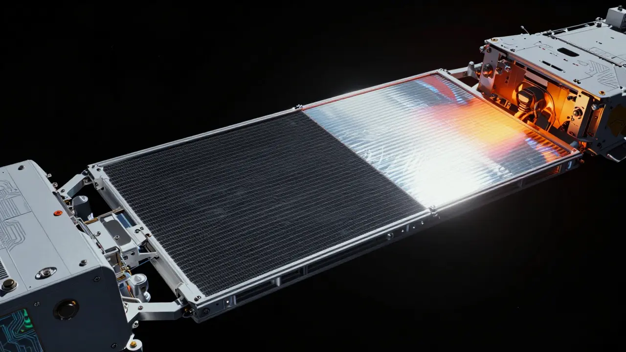 Deployable radiator panel emitting heat into deep space