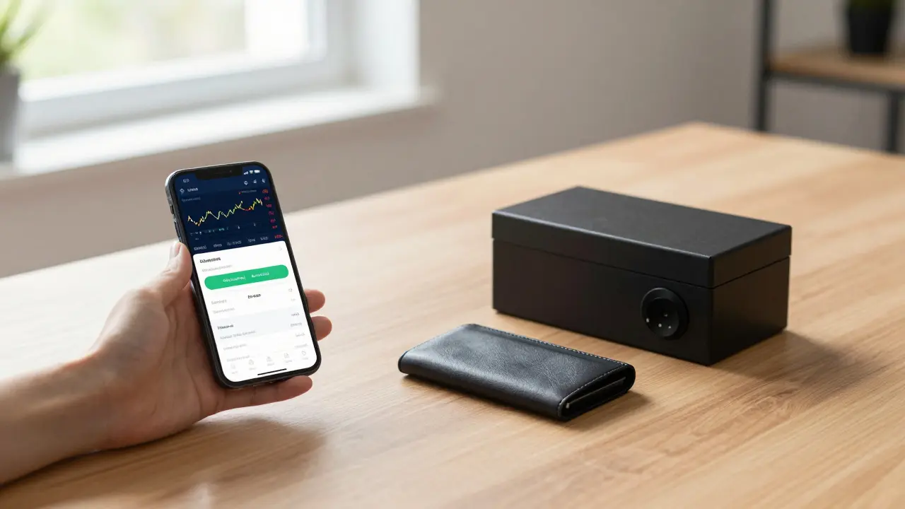 Desk setup showing trading phone and hardware wallet illustrating a hybrid crypto storage strategy.