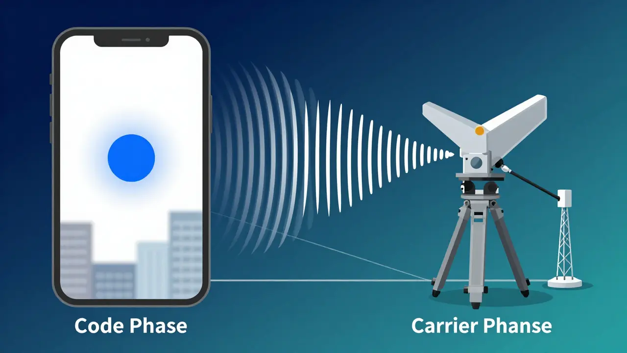 Diagram comparing inaccurate consumer GPS signals with precise survey-grade carrier phase data.