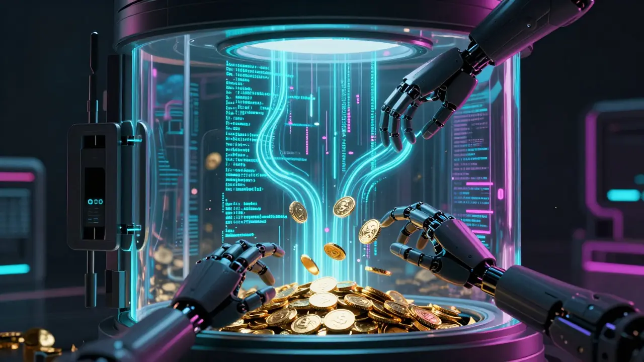 Digital art depicting AI agents and code manipulating liquidity pools for a flash loan attack.