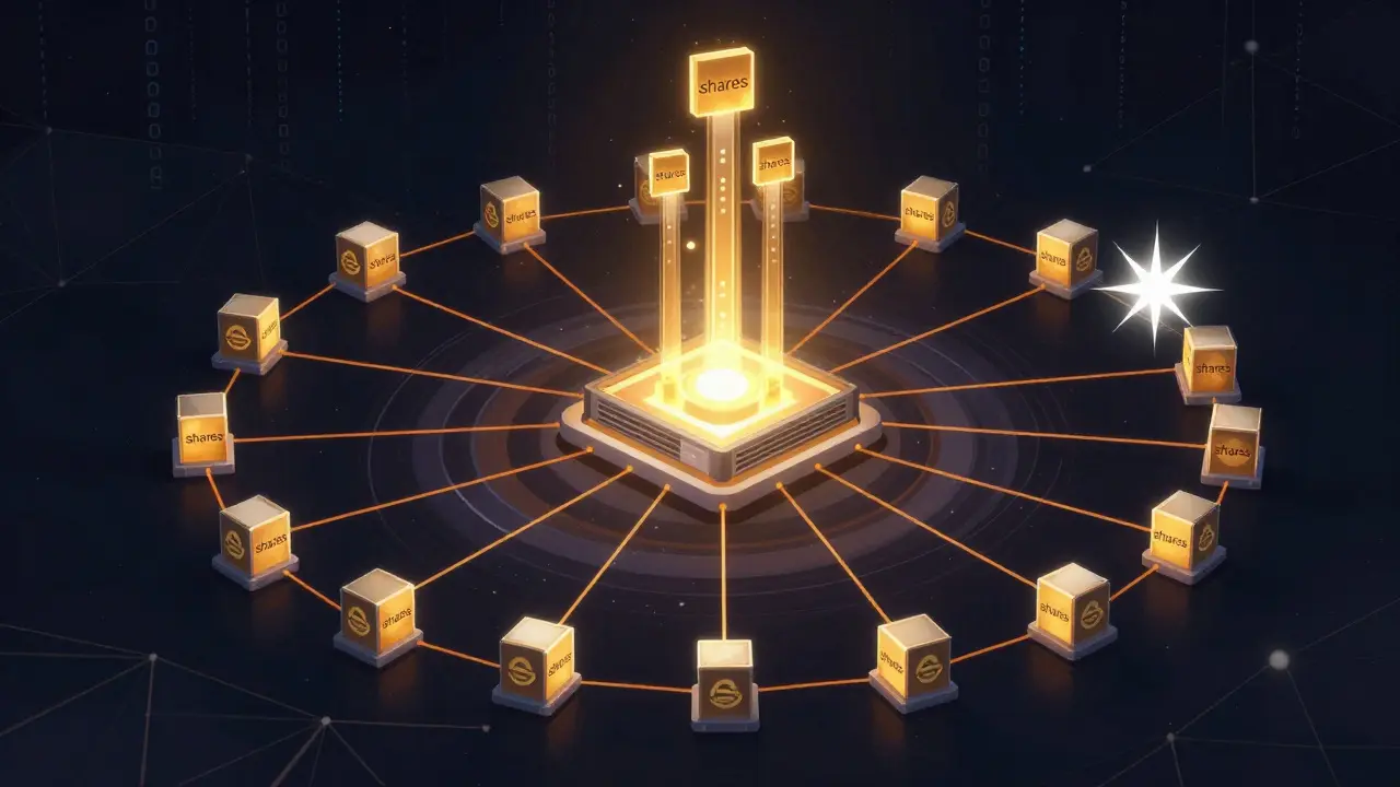 Digital art showing data streams connecting miners to a central pool server