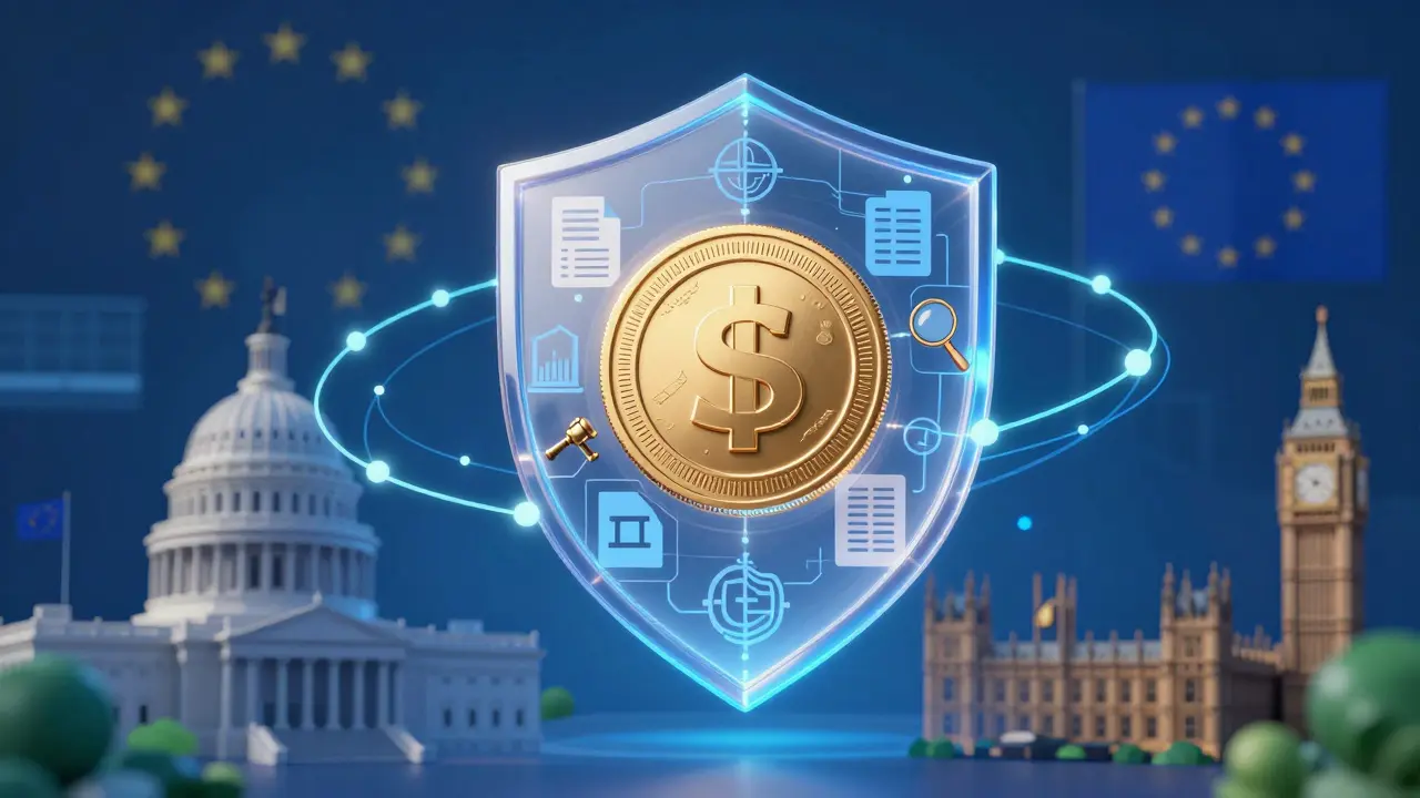 Digital coin protected by legal shields and global landmarks symbolizing regulatory convergence.