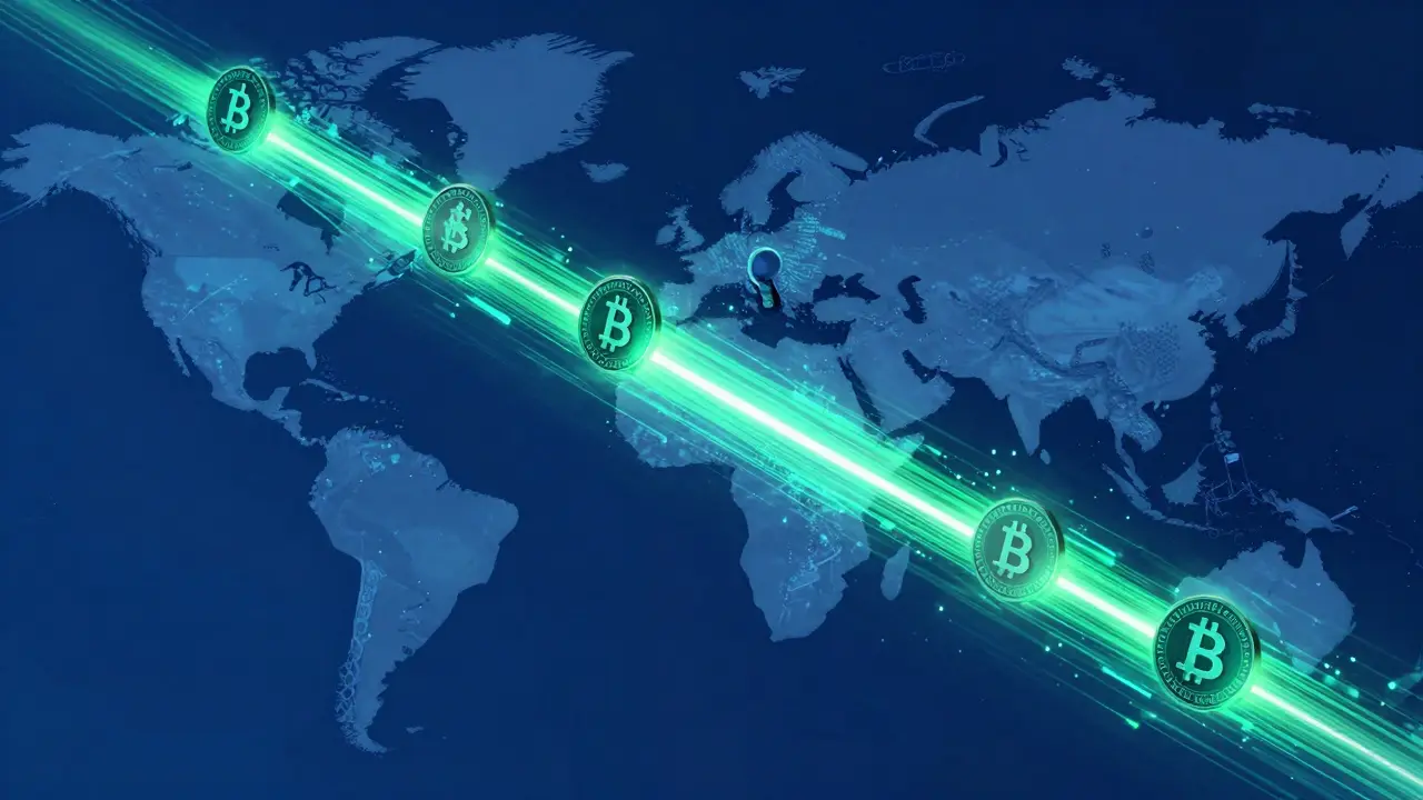 Digital stablecoins flowing instantly between countries