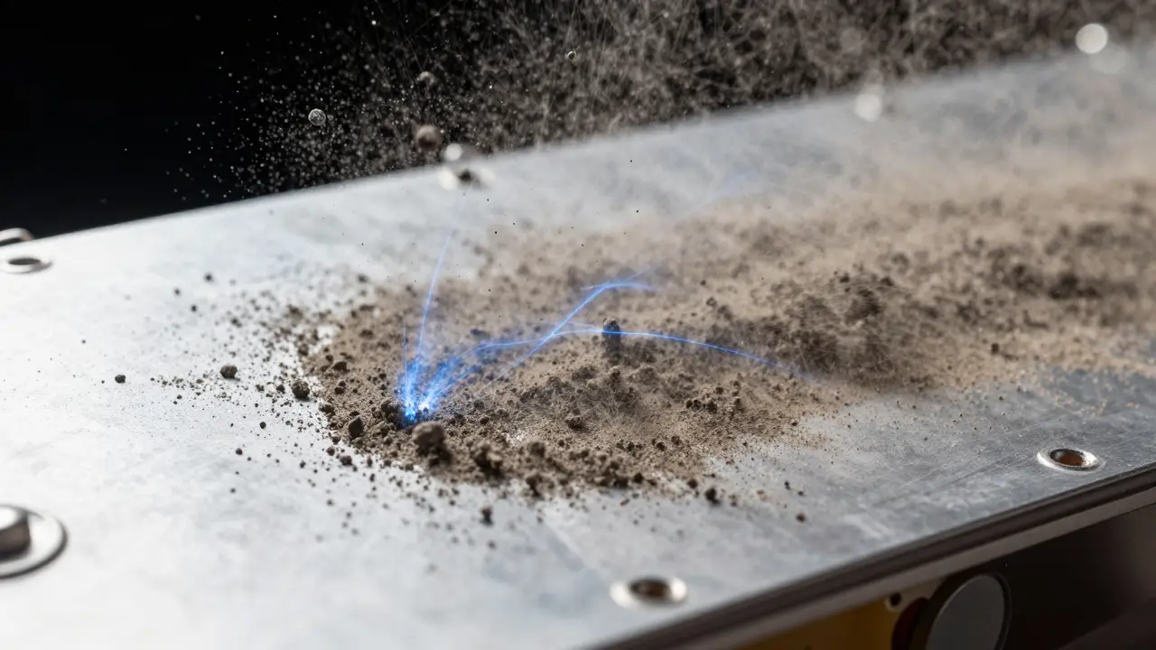 Electric field repelling dust particles from radiator surface
