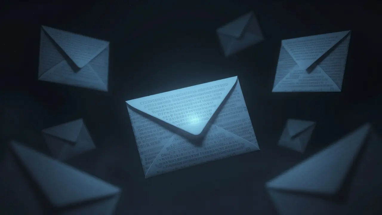 Encrypted envelopes floating in a dark, mysterious space representing sealed bids