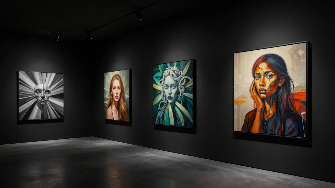 Exclusive digital art pieces displayed in a dark, elegant virtual gallery