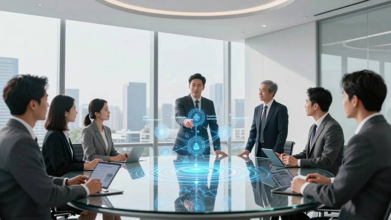 Executives analyzing AI-driven compliance networks for stablecoin issuance standards.