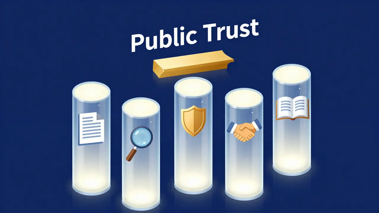 Five glass pillars supporting a structure labeled Public Trust in a 3D illustration.
