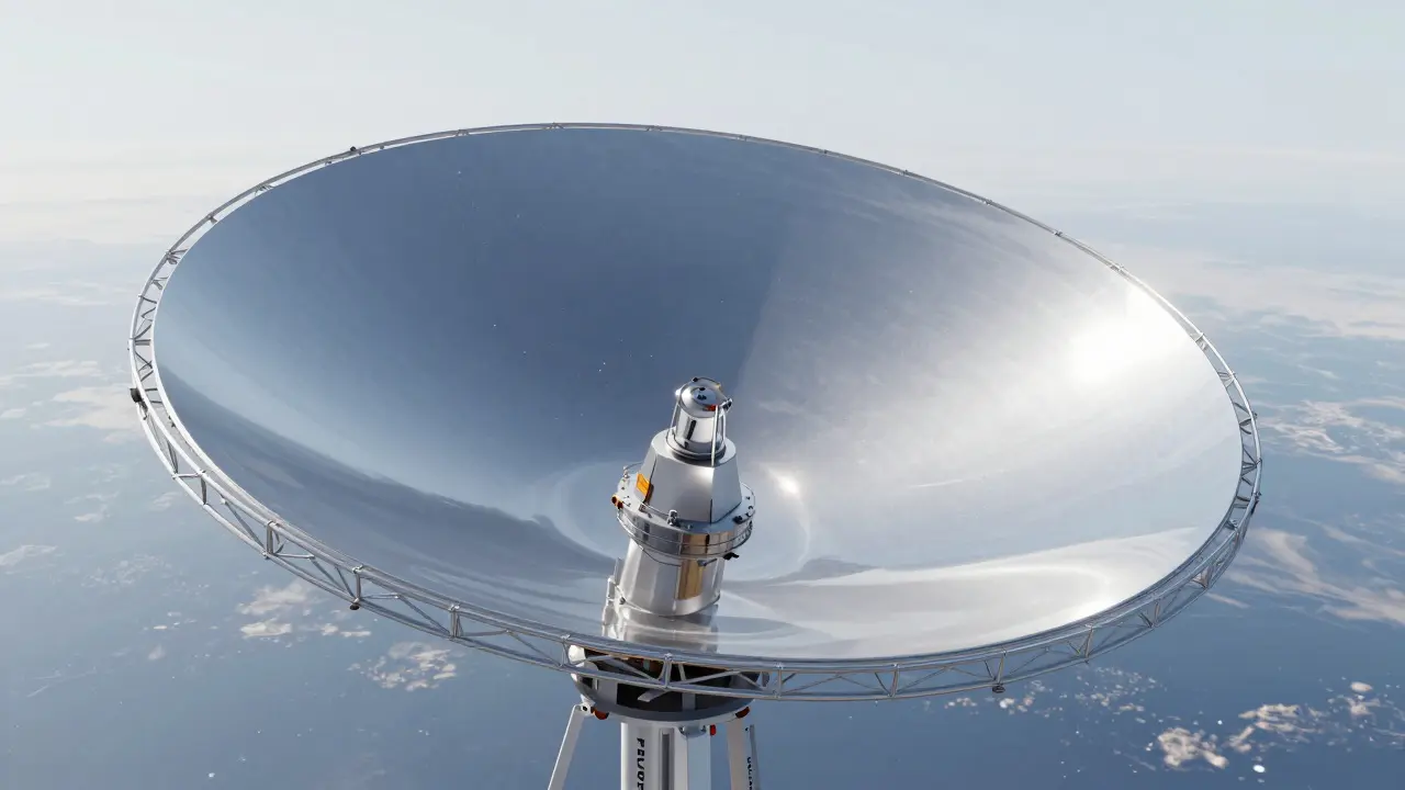 Futuristic liquid mirror telescope reflecting Earth in orbit