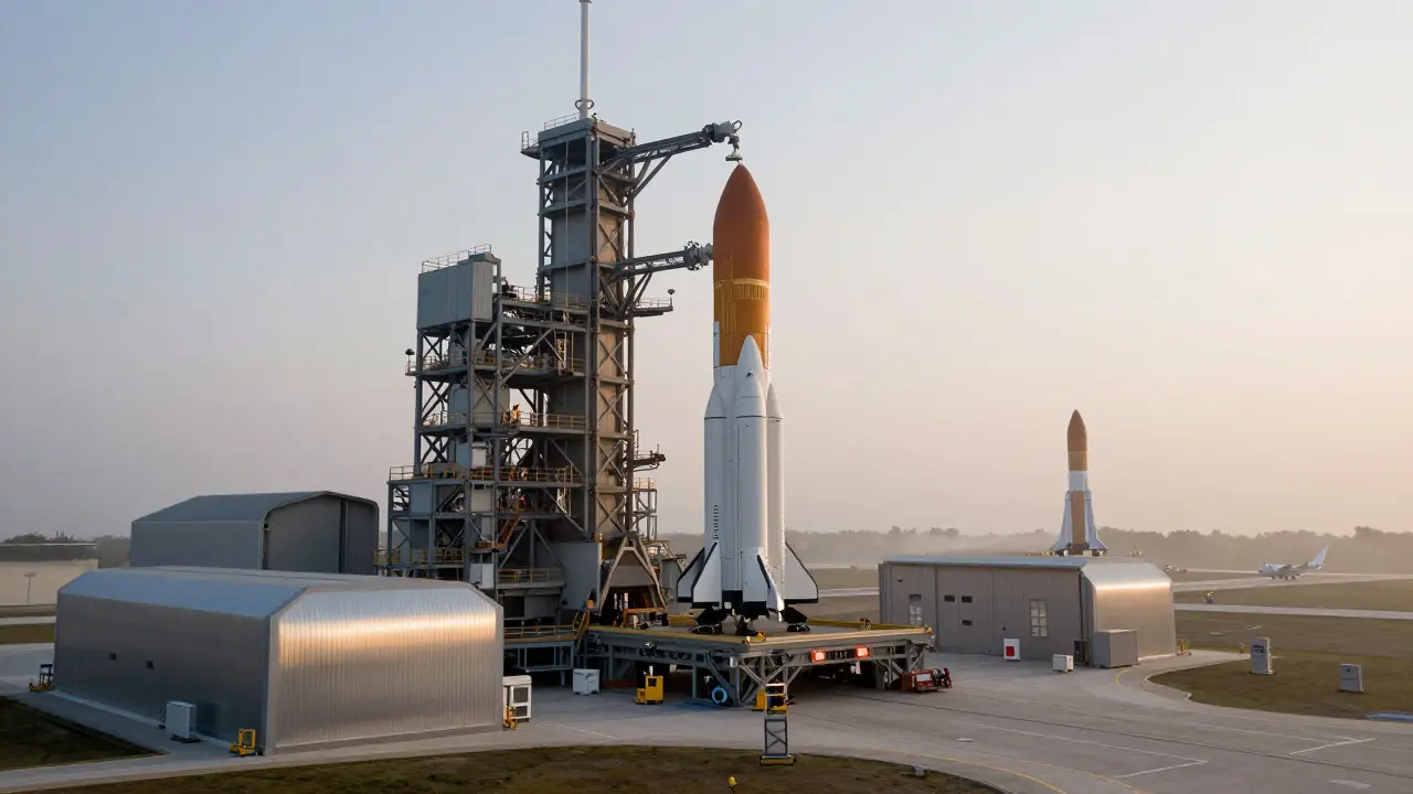 Futuristic rapid-turnaround rocket launch facility at dawn