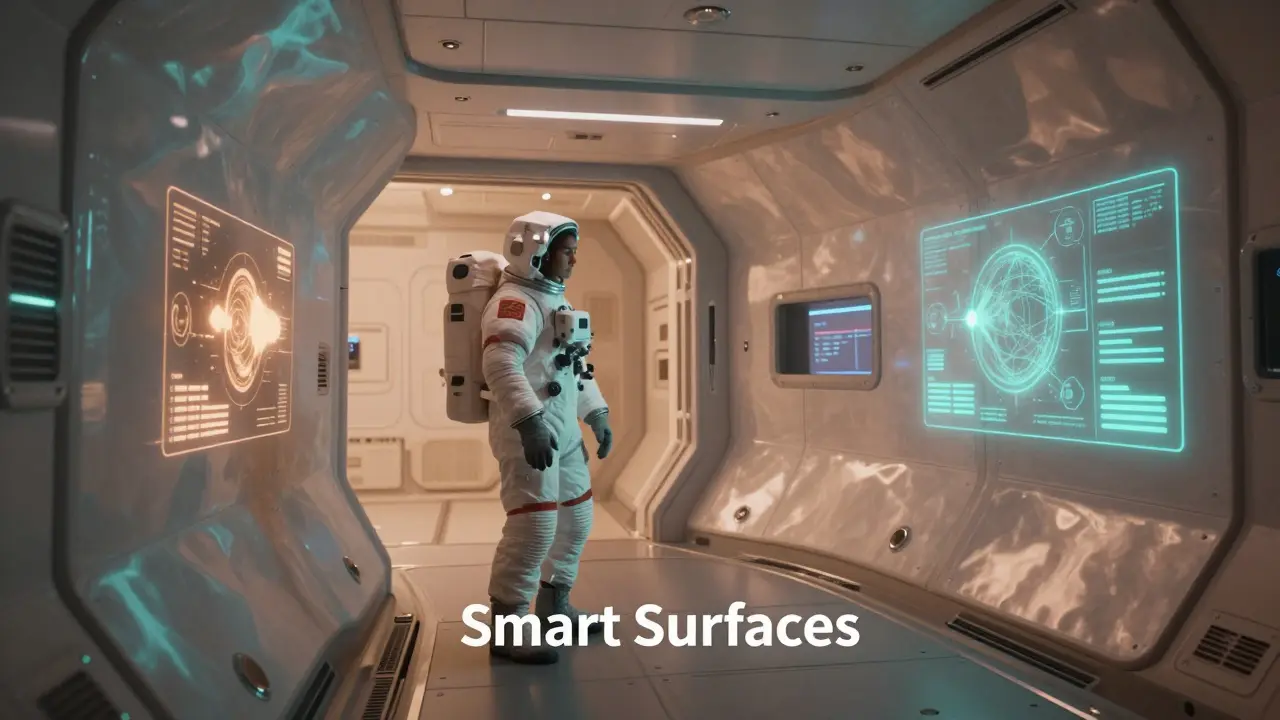 Futuristic smart spacecraft interior with holographic hygiene sensors