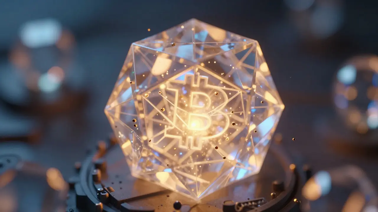 Glowing blockchain crystal compressing to show token scarcity
