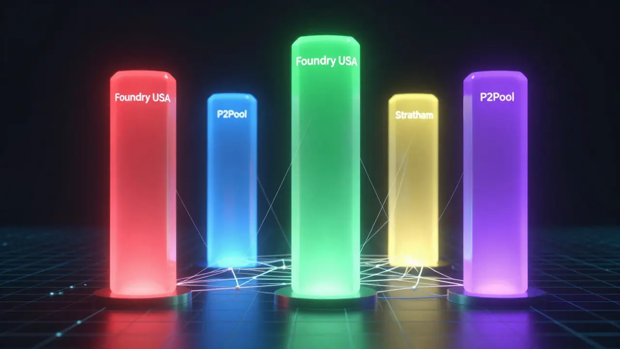 Glowing pillars representing major mining pools rising from a digital grid