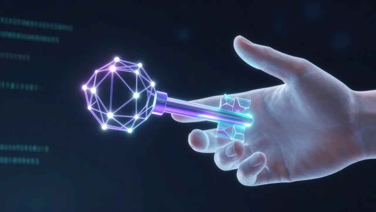 Hand grasping a glowing cryptographic key symbolizing private key control and self-custody.