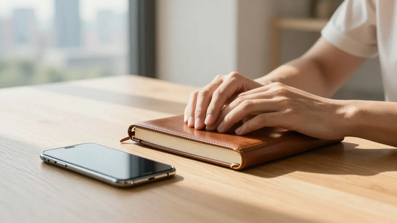 Hands closing a journal next to a phone on a sunlit desk