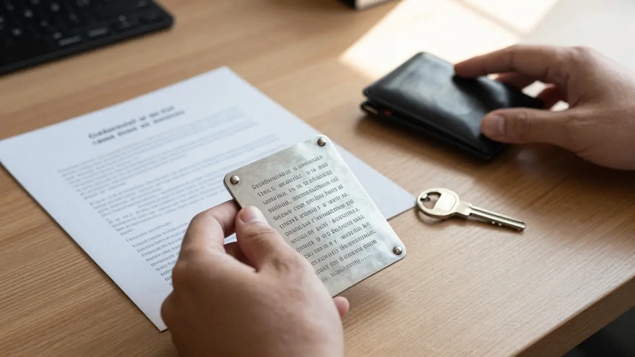 Hands securing seed phrase metal plate and hardware wallet on a desk