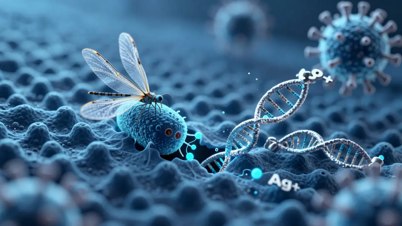 Microscopic view of antimicrobial coating destroying bacteria and viruses