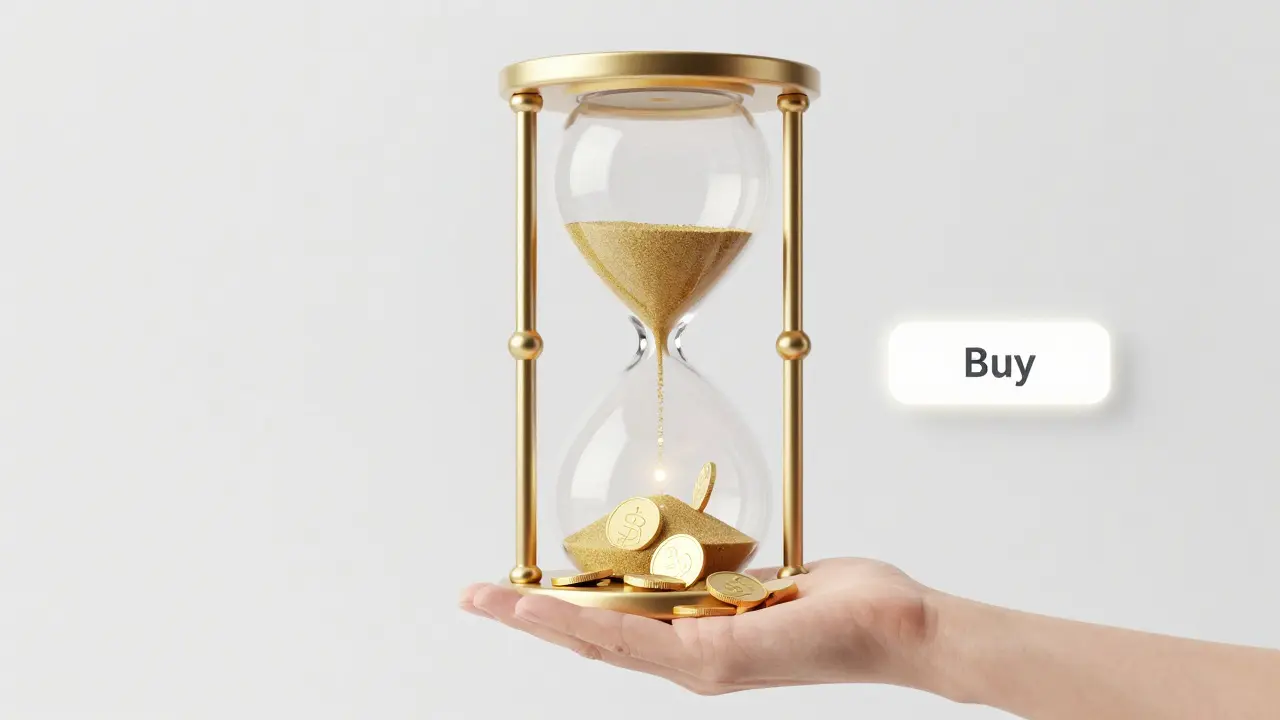 Minimalist 3D render of a countdown timer with flowing tokens for a Dutch auction